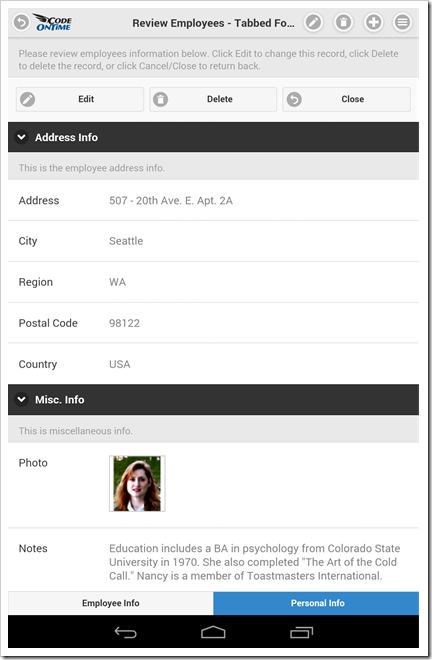 A form view with multiple categories and tabs in a mobile app created with Code On Time app generator.