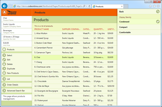 A list of products displayed with 'Condensed' density and 'Grid' style on a desktop computer in IE11.