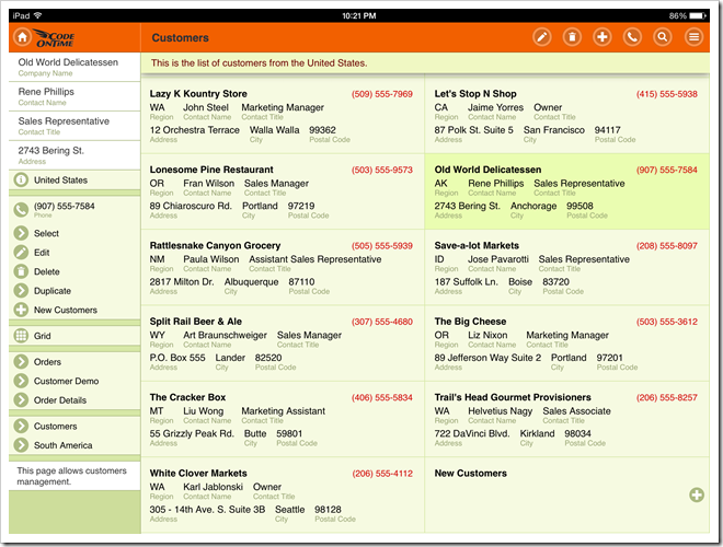 A web app displayed in full screen mode on iPad Air. The app has been created with Code On Time app generator.