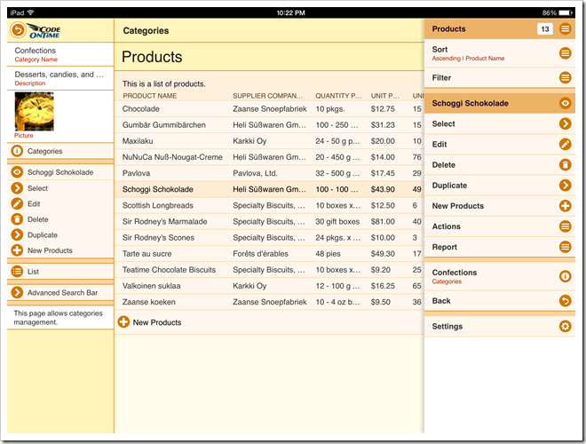 A repsonsive grid in a web app with Touch UI shows a context menu of actions that can be applied to the selected row and entire data set. Application has been created with Code On Time app generator.