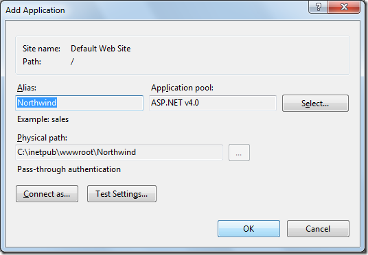 Adding the Northwind application in IIS.