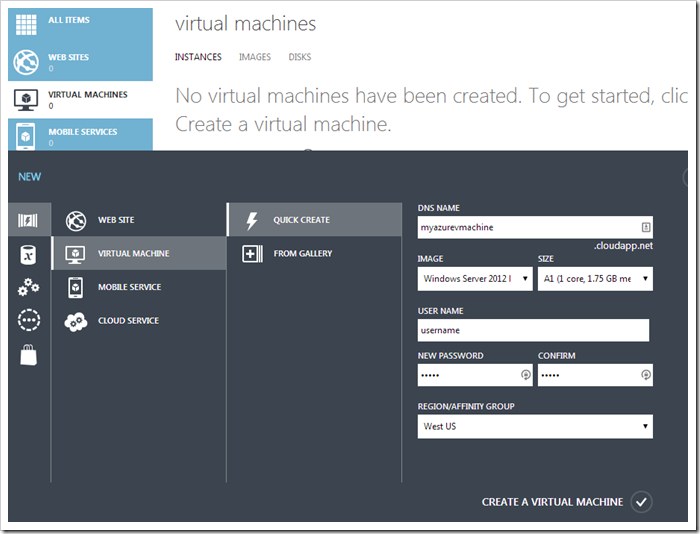 Creating a new WIndows Azure Virtual Machine.