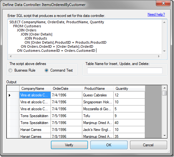 Verifying the results of the query in the "Define Data Controller" window.