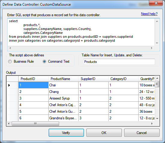 Configuring a data controller based on arbitrary SELECT statement in Code On Time app generator.