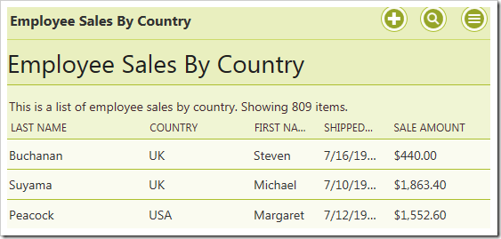 Employee Sales by Country stored procedure results filtered by a business rule property.