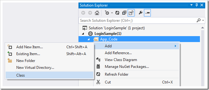 Adding a class to the application using Visual Studio.