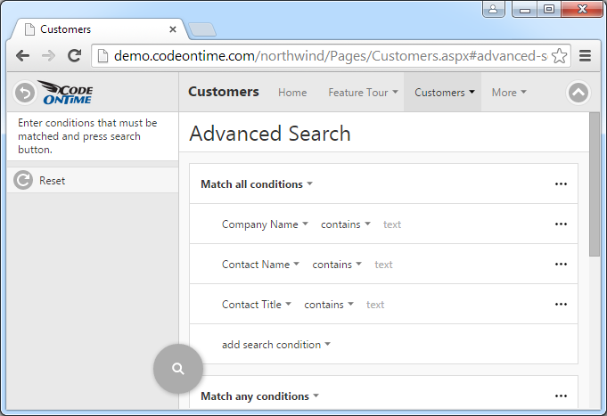 If a user clicks on the button on the right side of the Quick Find search box on the toolbar than advanced search screen slides down from the top of the browser window.