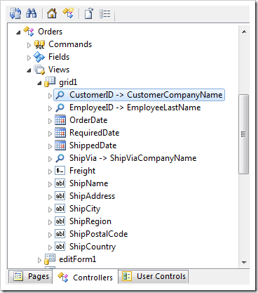 Clicking on the CustomerID data field of the Orders controller.