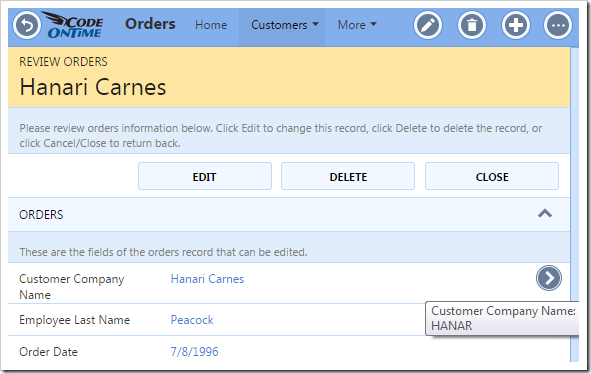 The Orders page showing the lookup details arrow next to the Customer Company Name field.