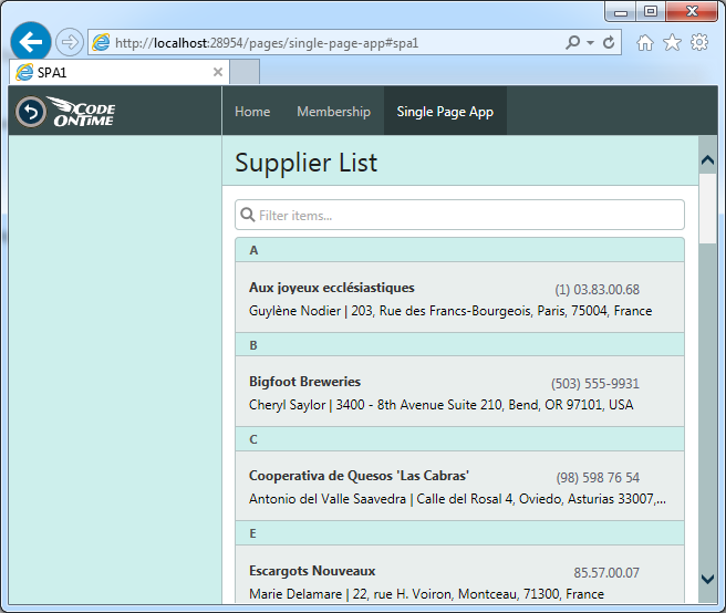 Listview widget of jQuery Mobile displays a list of suppliers in SPA app created with Code On Time.