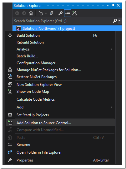 Adding the solution to source control using Visual Studio.