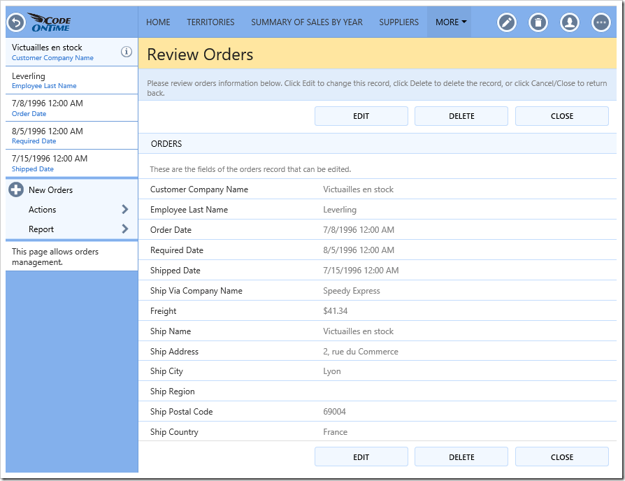 The default template for Orders editForm1 view.