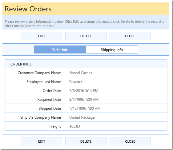Two tabs rendered in editForm1 view of Orders page.
