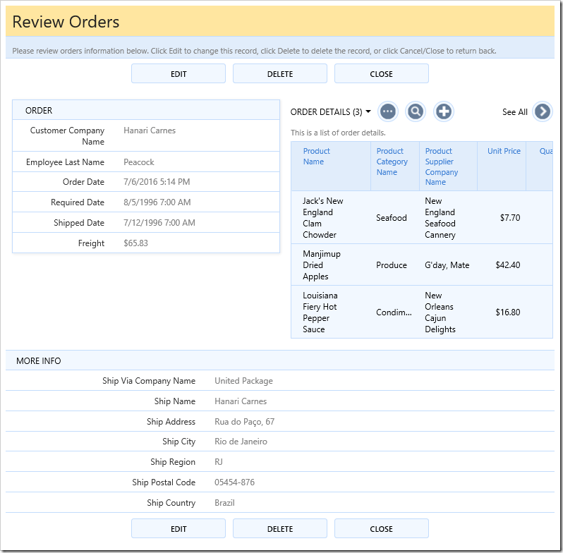 Orders editForm1 view with a custom template that positions a list of order details on the right side.