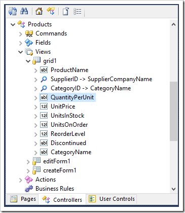 Editing the QuantityPerUnit data field of grid1 View of Products controller.