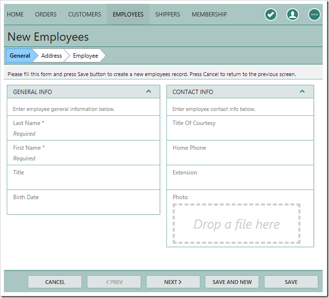 The correct position of Employees data views for the Create Employee Wizard.