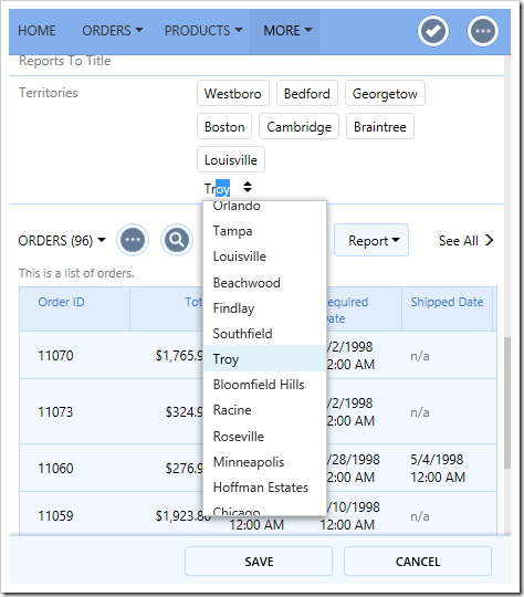 DropDownList rendered as a basket lookup allows adding multiple territories to an employee using the dropdown control.