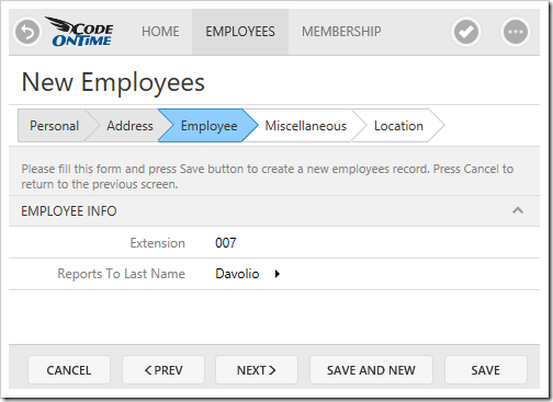 New Employees form configured as a Wizard in Touch UI.