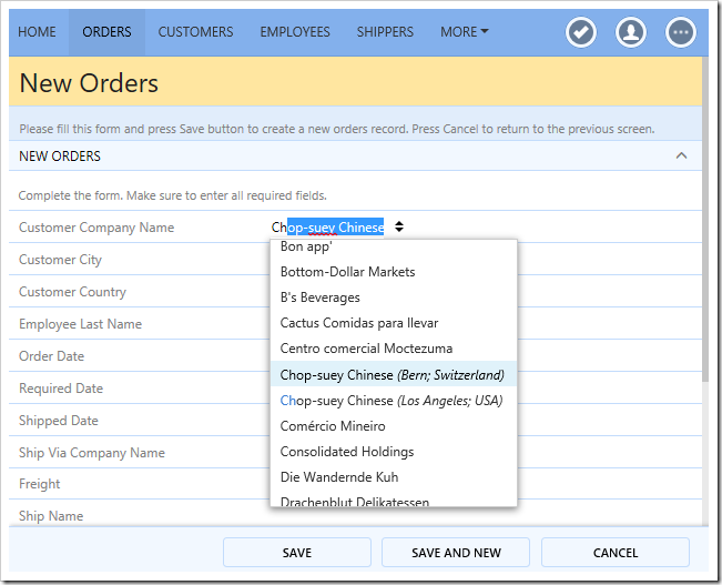 Duplicate customers will show the city and country of the customer in the drop down list.