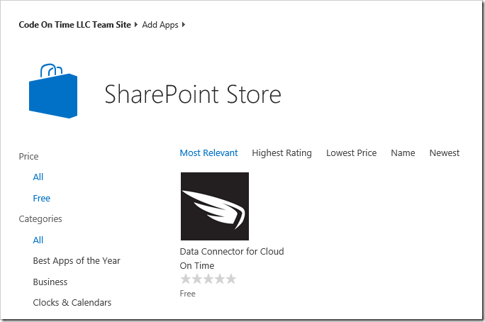 Finding the Data Connector for Cloud On Time app in the SharePoint Store.