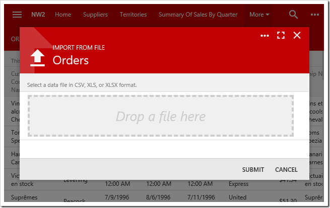 First screen of the Import process allows the user to upload a CSV, XLS, or XLSX document.