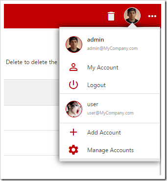 User can switch between accounts using the account panel in the top right corner.