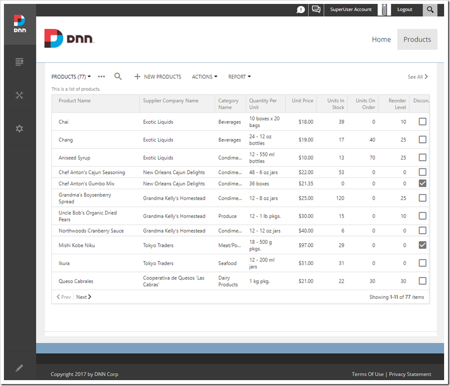 A grid of products is now displayed within the DotNetNuke portal