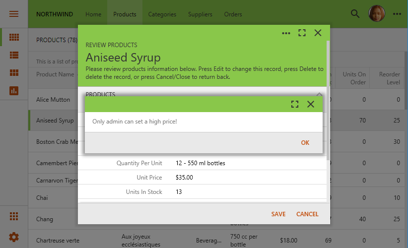 SQL business rules tests user Roles to prevent data input in an app created with Code On Time app generator.