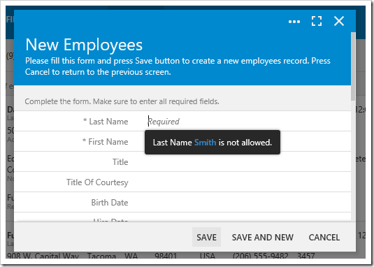 Validating the Last Name field of the New Employees form.