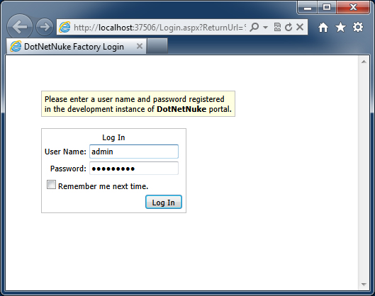 Sign in to virtual DotNetNuke portal