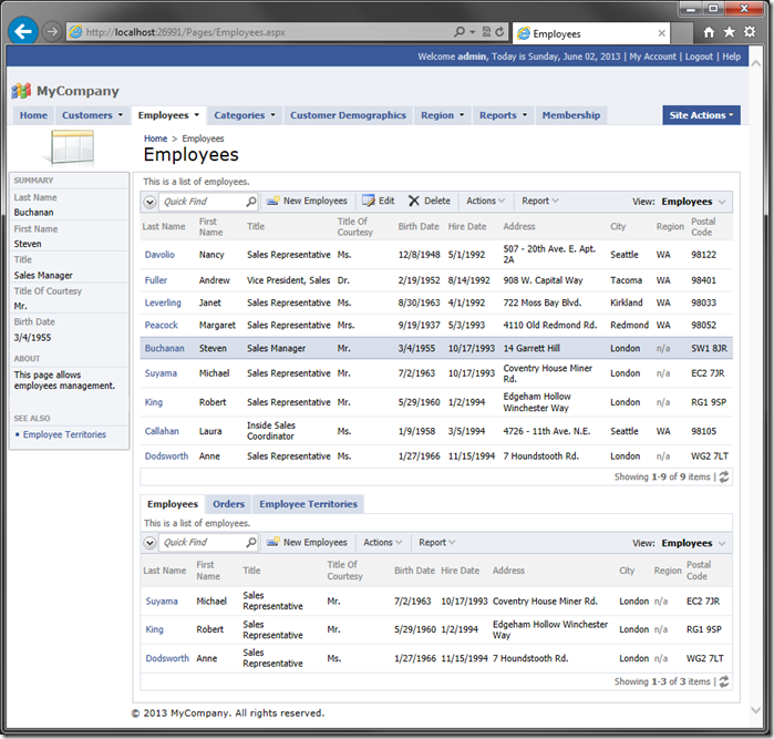 Employees page with standard page layout.