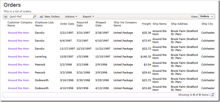 Orders filtered  by CustomerID and Ship Via Company name