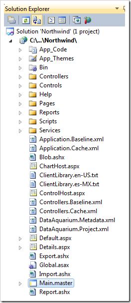 Main.master selected in Solution Explorer