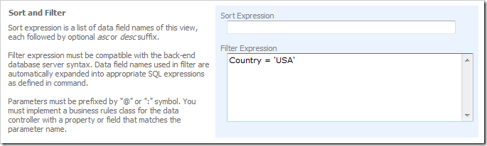 Sort and Filter section of a data controller view