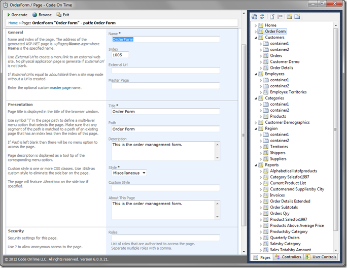 Order Form Page in Code On Time web application generator