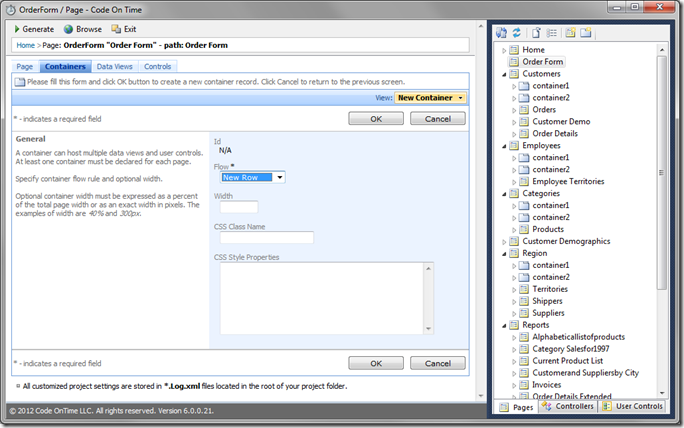 New container in Code On Time Designer
