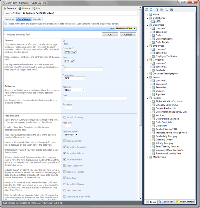 New Orders Data View in Code On Time Designer