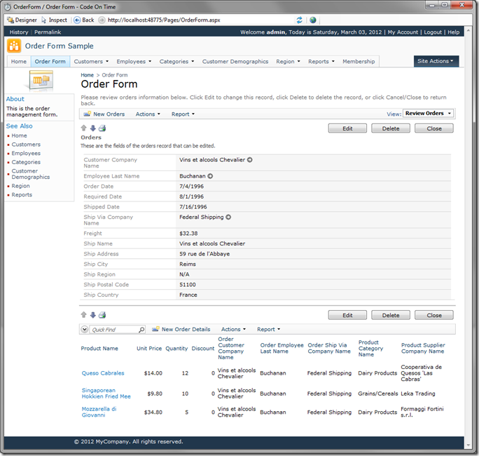 Order and Order Details in Code On Time web application Preview