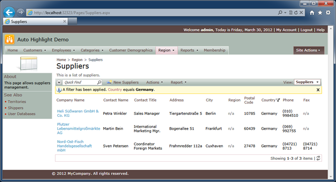 Standard master/detail page 'Suppliers' in the 'Northwind' sample created with Code On Time web application generator