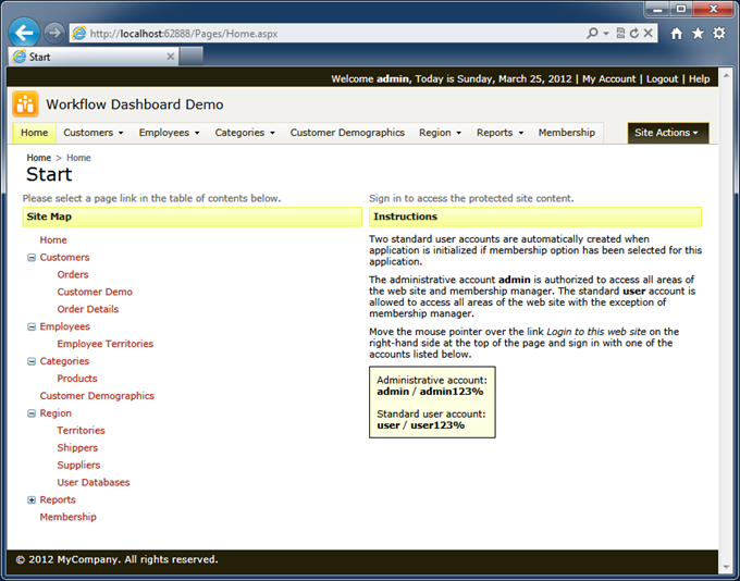 Standard home page of the Northwind sample created with Code On Time web application generator