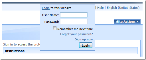 Standard fly-over login window in a Code On Time web application
