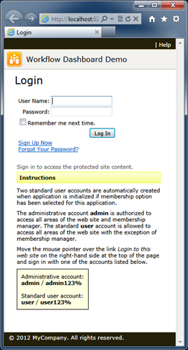 Standard dedicated login page in a Code On Time web application