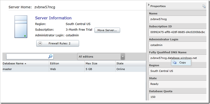 Fully Qualified DNS Name for the Server in Windows Azure Management Portal