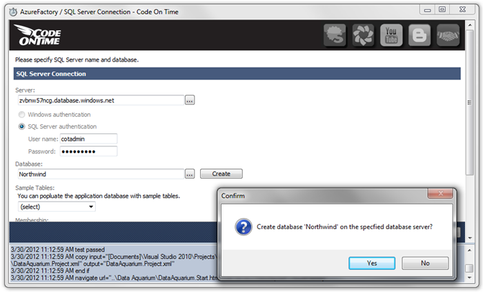Create a Database from Code On Time web application generator