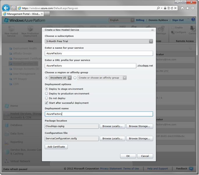 Create a New Hosted Service screen in Windows Azure Management Portal