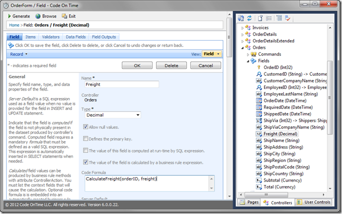 Code Formula for 'Freight' field in Code On Time Designer