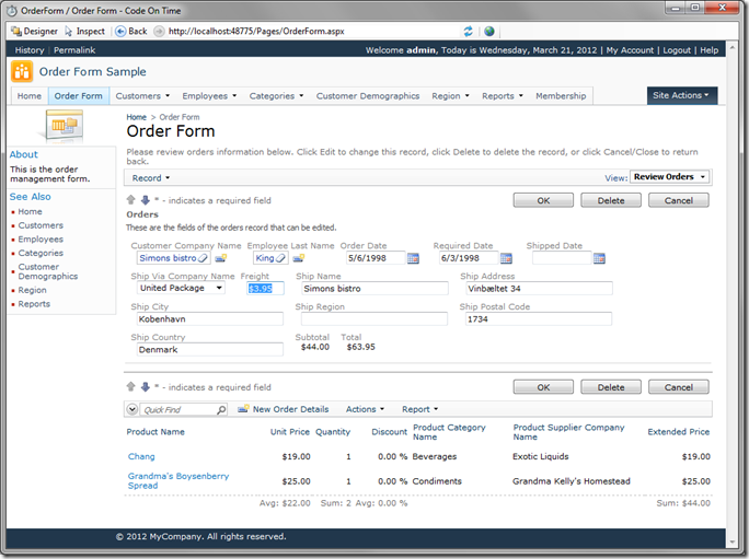 'Freight' field recalculated to 3.95 in the Order Form