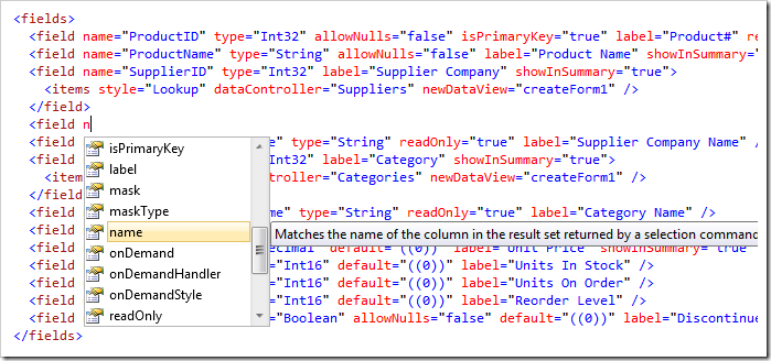 Code completion is available in Visual Studio when editing the Application and Controllers baselines.