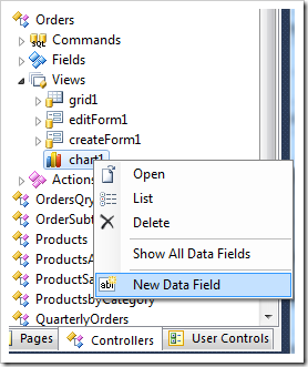 'New Data Field' option in the context menu of the data controller view