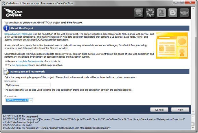 Namespace and Framework page in Code On Time Generator